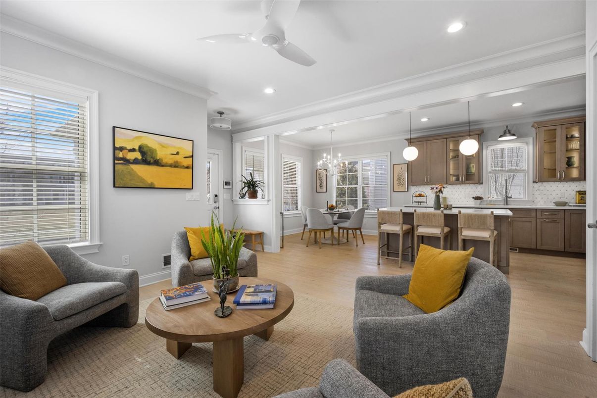 Dining room, Interior, Kitchen, Living room, Pendant Lights, Recessed Lighting, Wood Texture Flooring