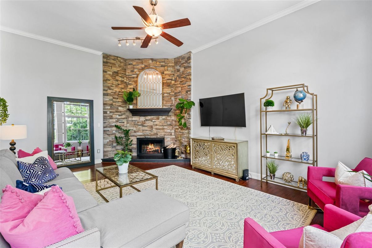 Fireplace, Interior, Living room, Stone Walls, Wood Texture Flooring