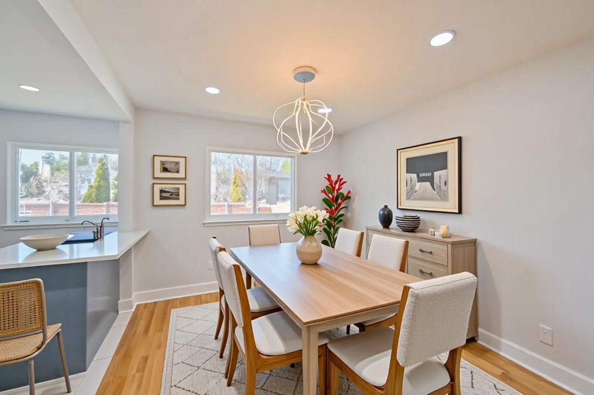 Dining room, Interior, Pendant Lights, Recessed Lighting, Wood Texture Flooring