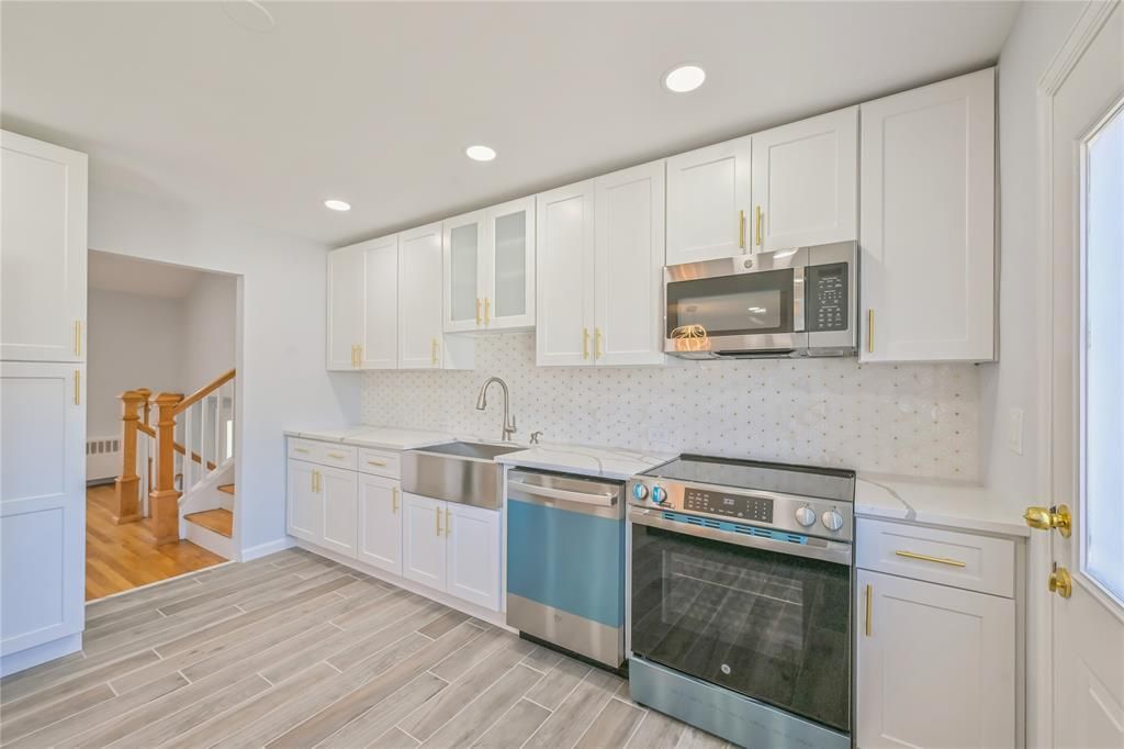 Interior, Kitchen, Recessed Lighting, Stainless Steel Appliances, Wood Texture Flooring