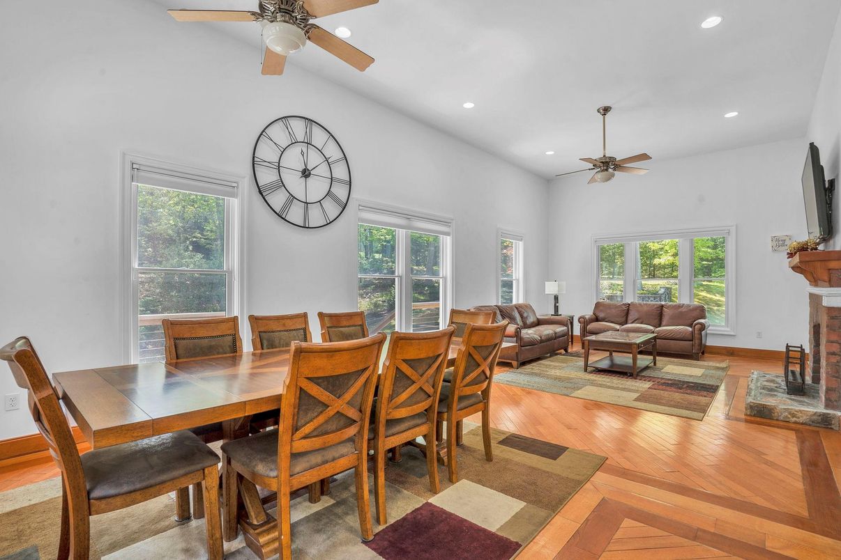 Dining room, Fireplace, Interior, Living room, Recessed Lighting, Wood Texture Flooring