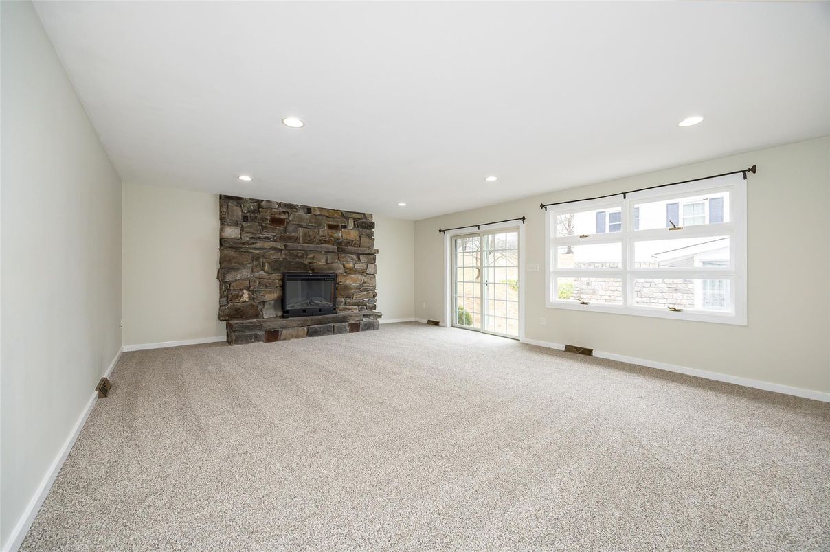 Empty room, Fireplace, Interior, Recessed Lighting, Stone Walls