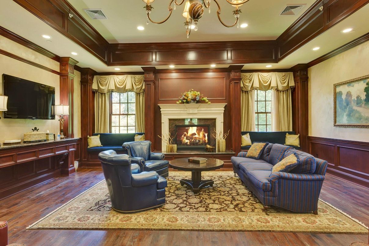 Chandelier, Fireplace, Interior, Living room, Recessed Lighting, Wood Texture Flooring