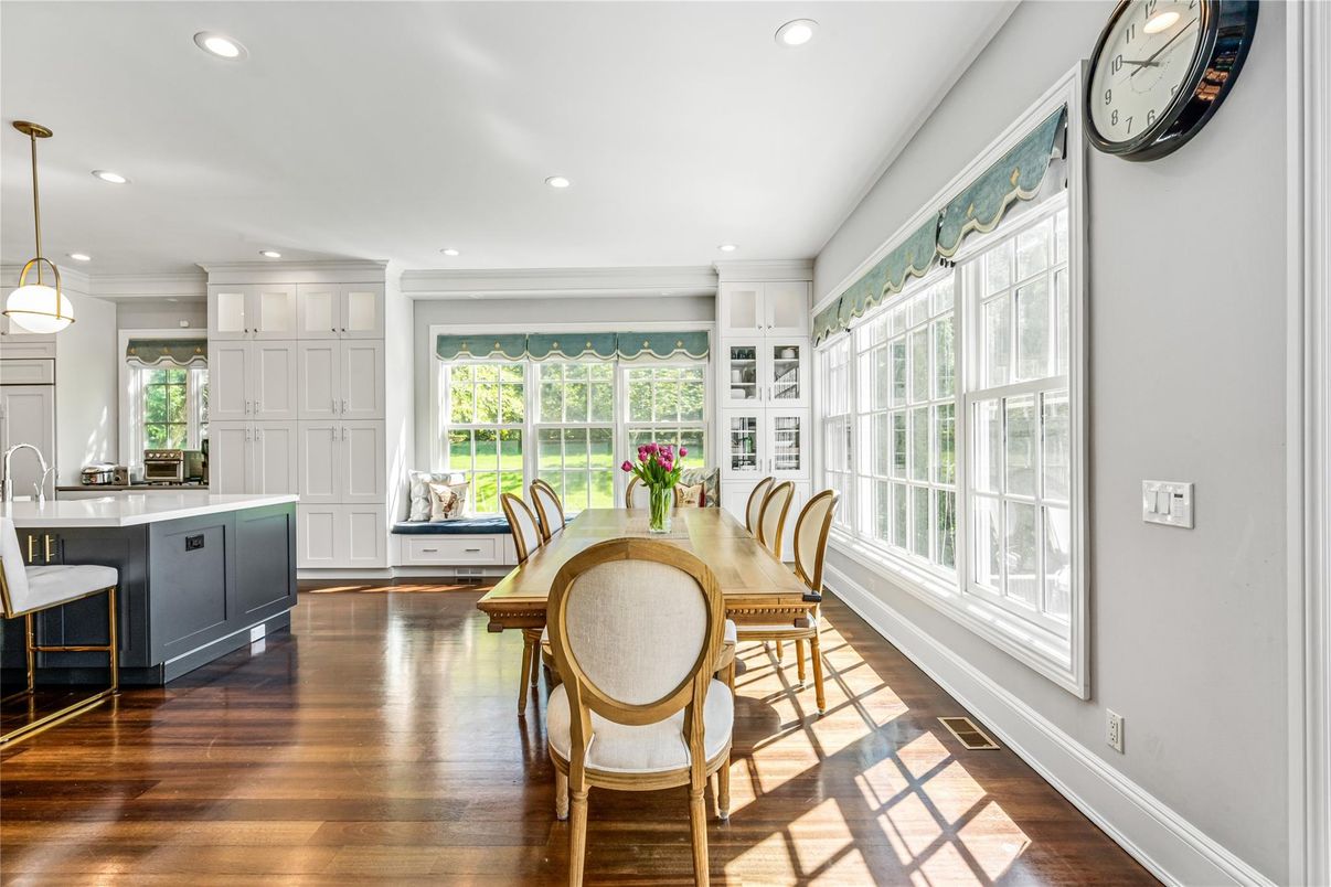 Dining room, Interior, Pendant Lights, Recessed Lighting, Wood Texture Flooring