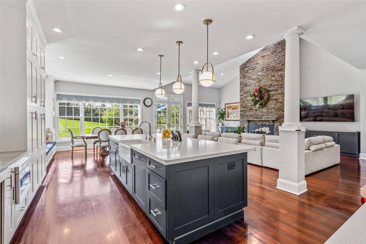 Dining room, Fireplace, Interior, Kitchen, Living room, Pendant Lights, Recessed Lighting, Wood Texture Flooring