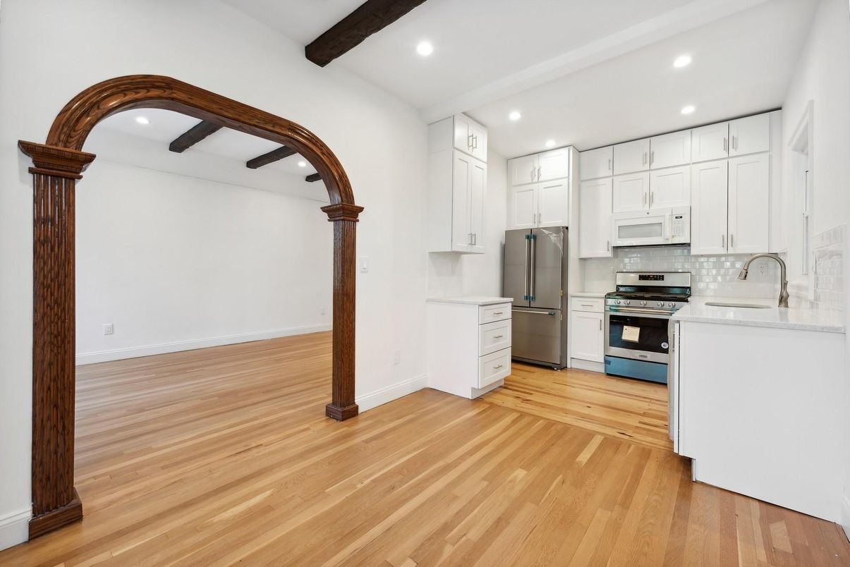 Interior, Kitchen, Recessed Lighting, Stainless Steel Appliances, Wooden Beams, Wood Texture Flooring