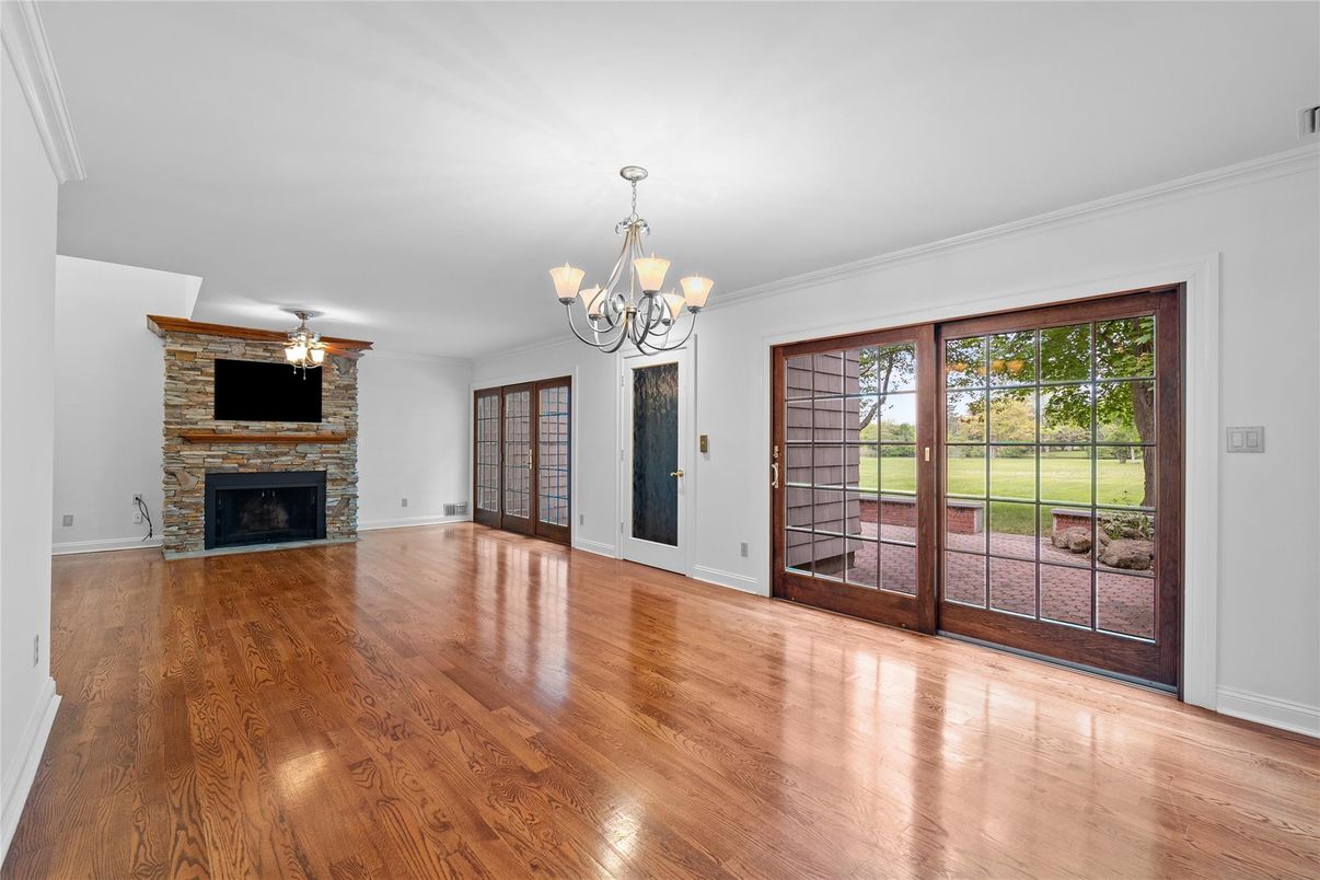 Chandelier, Empty room, Fireplace, Interior, Wood Texture Flooring