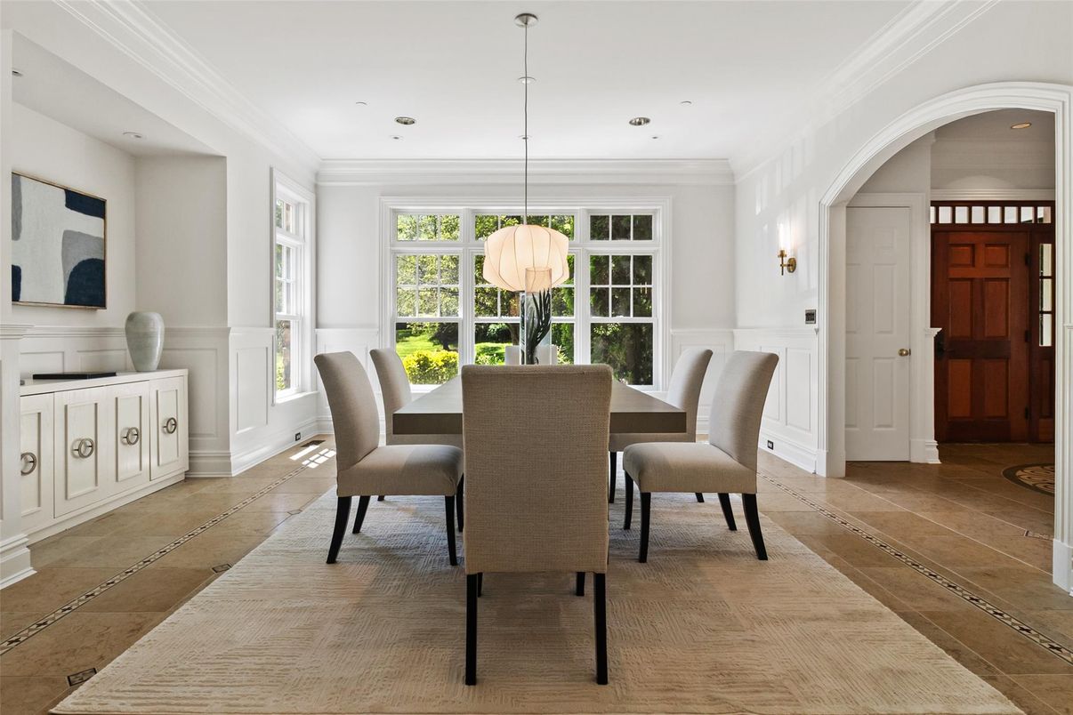 Dining room, Interior, Pendant Lights, Recessed Lighting, Wood Texture Flooring