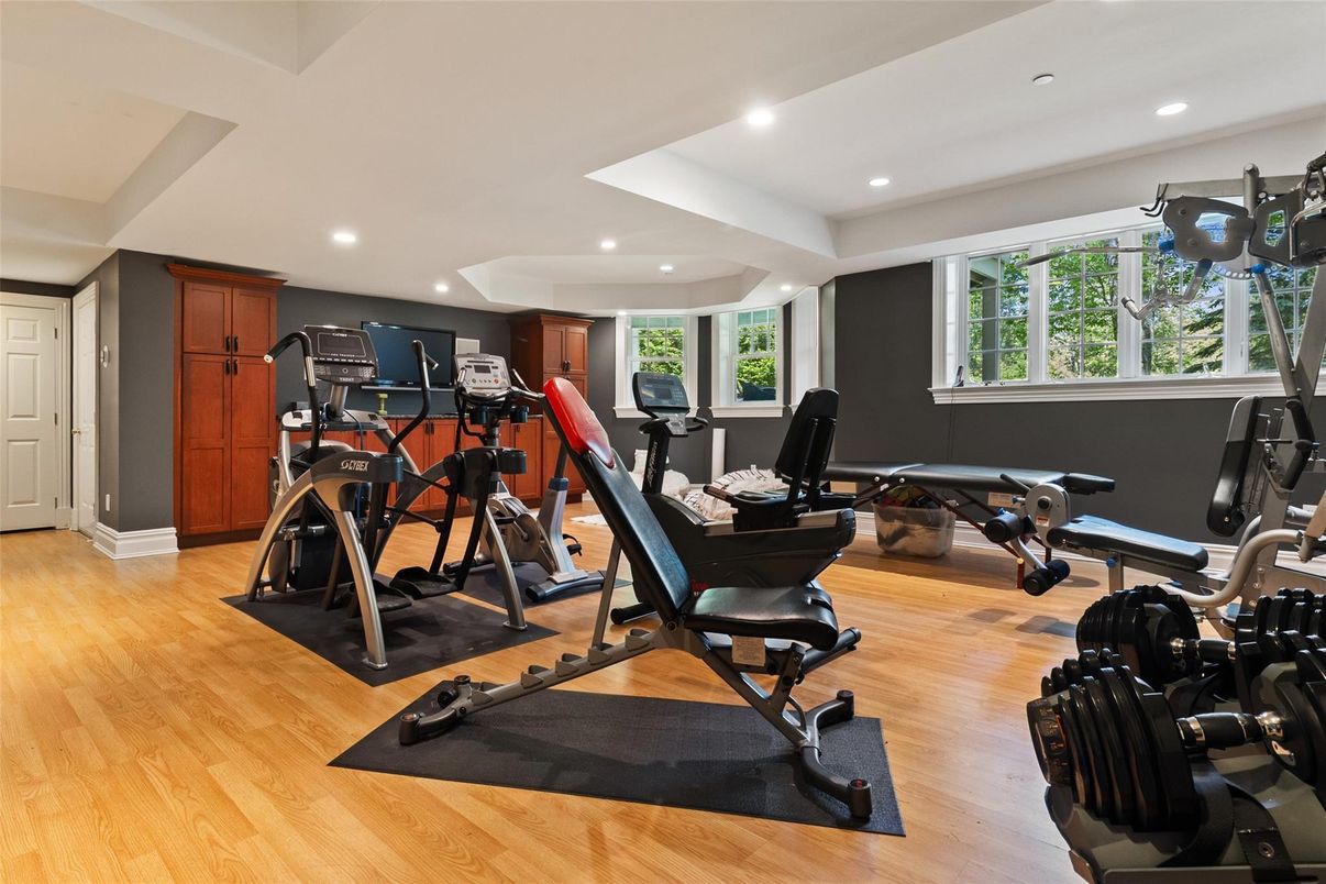 Fitness Equipment, Gym, Interior, Recessed Lighting, Wood Texture Flooring