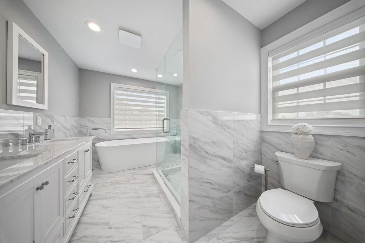 Bathroom, Free Standing Baths, Glass Shower, Interior, Marble, Marble Walls, Recessed Lighting