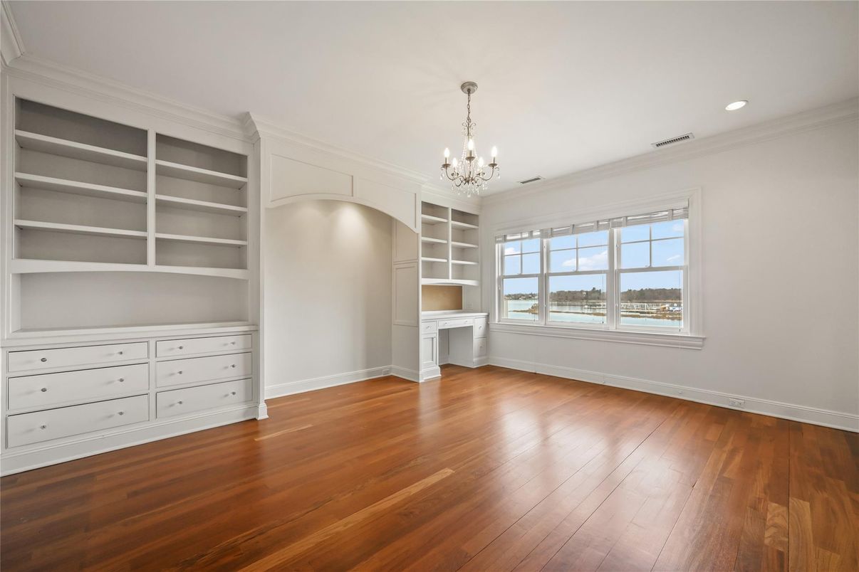 Chandelier, Empty room, Interior, Recessed Lighting, Wood Texture Flooring