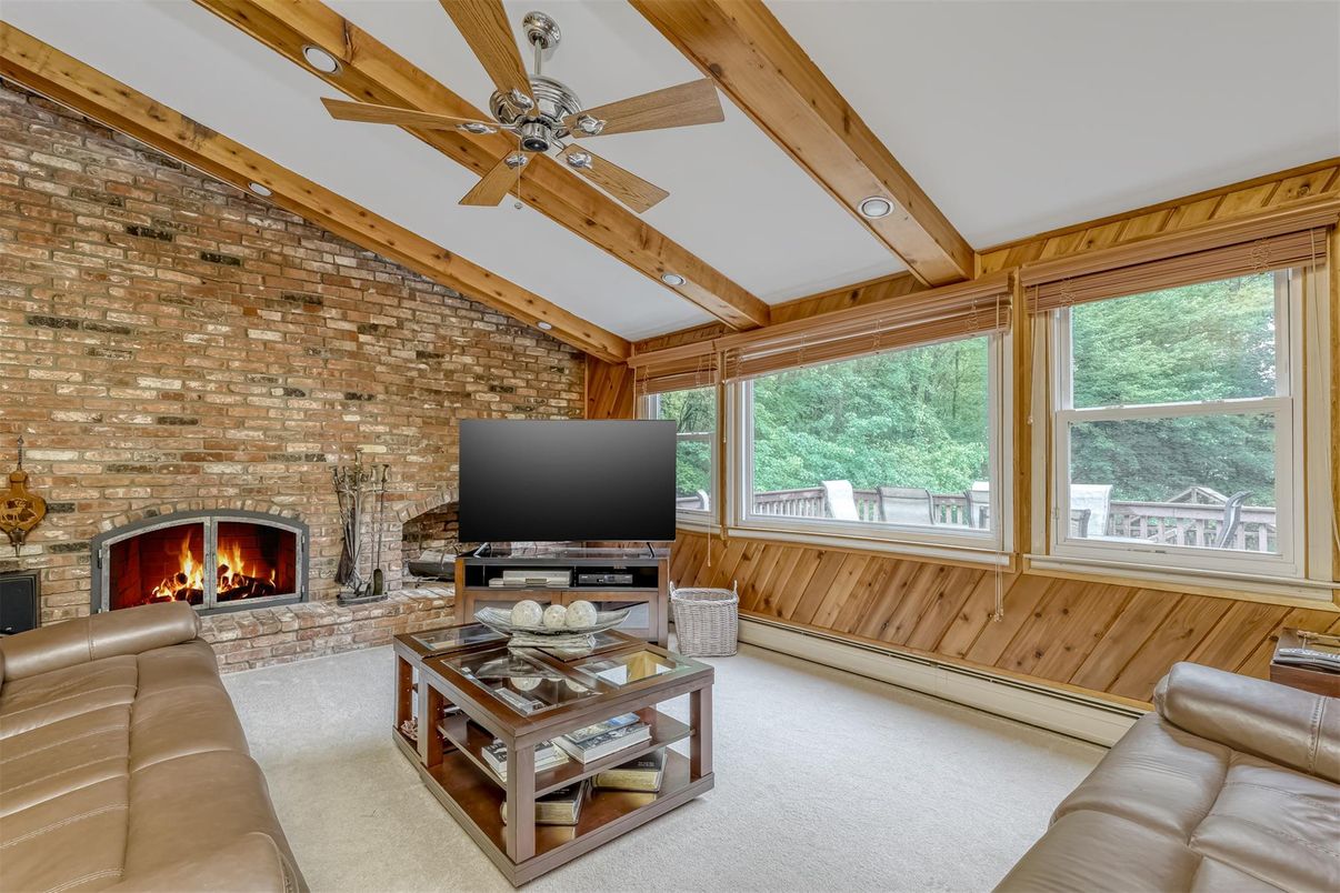 Fireplace, Interior, Living room, Recessed Lighting, Stone Walls, Wooden Beams
