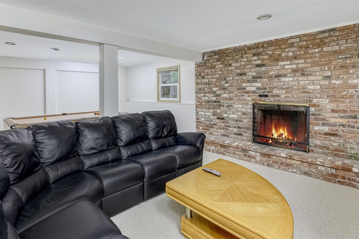 Fireplace, Interior, Living room, Recessed Lighting, Stone Walls