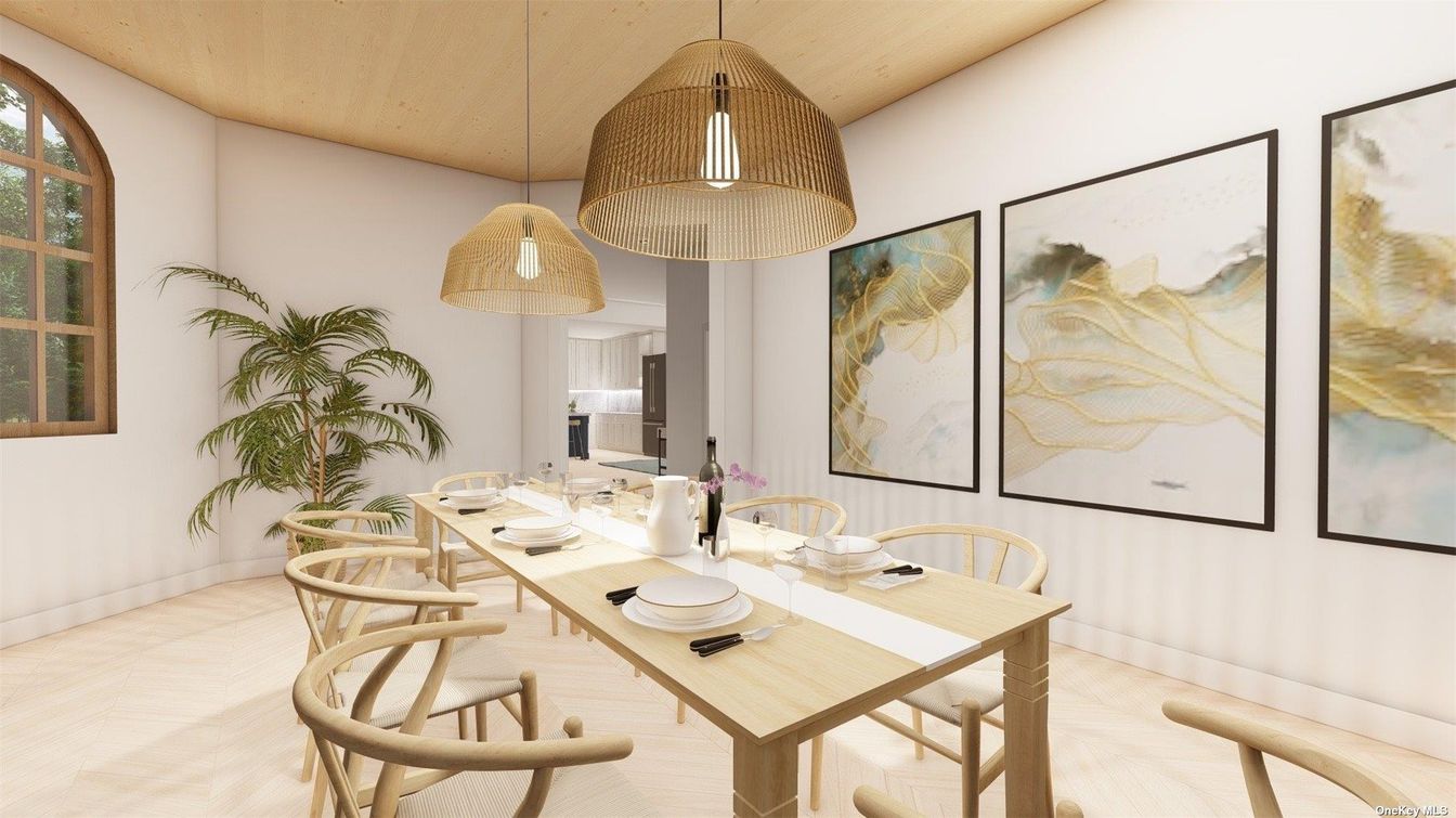 Dining room, Interior, Pendant Lights, Wood Texture Flooring