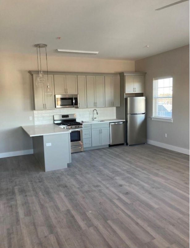 Interior, Kitchen, Pendant Lights, Recessed Lighting, Stainless Steel Appliances, Wood Texture Flooring
