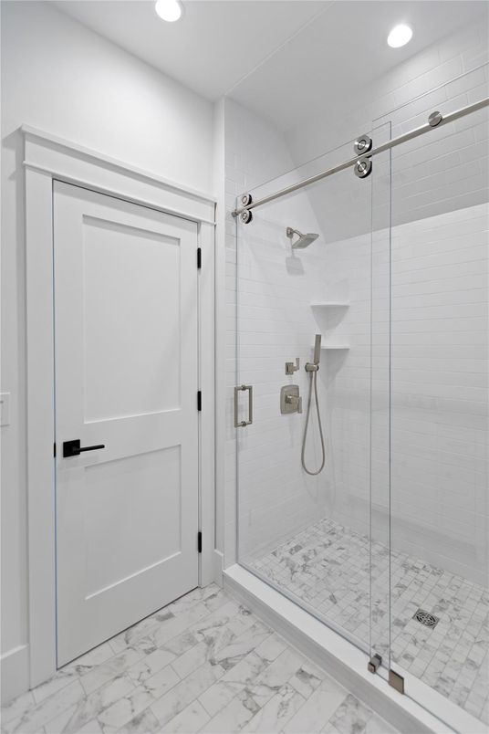 Bathroom, Glass Shower, Interior, Marble, Recessed Lighting