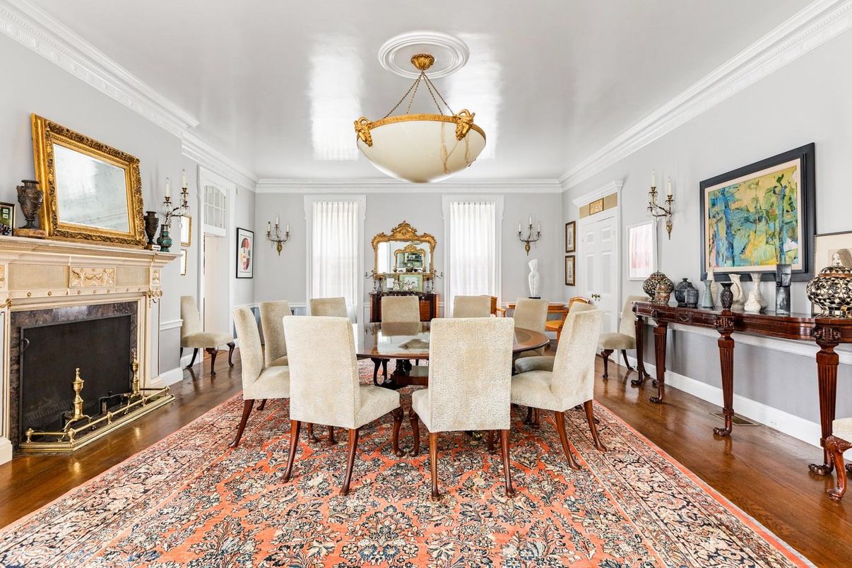 Dining room, Fireplace, Interior, Pendant Lights, Wood Texture Flooring