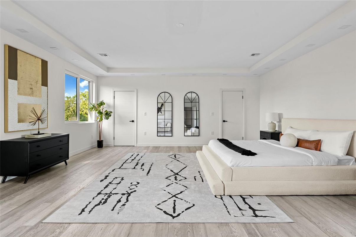 Bedroom, Interior, Recessed Lighting, Wood Texture Flooring