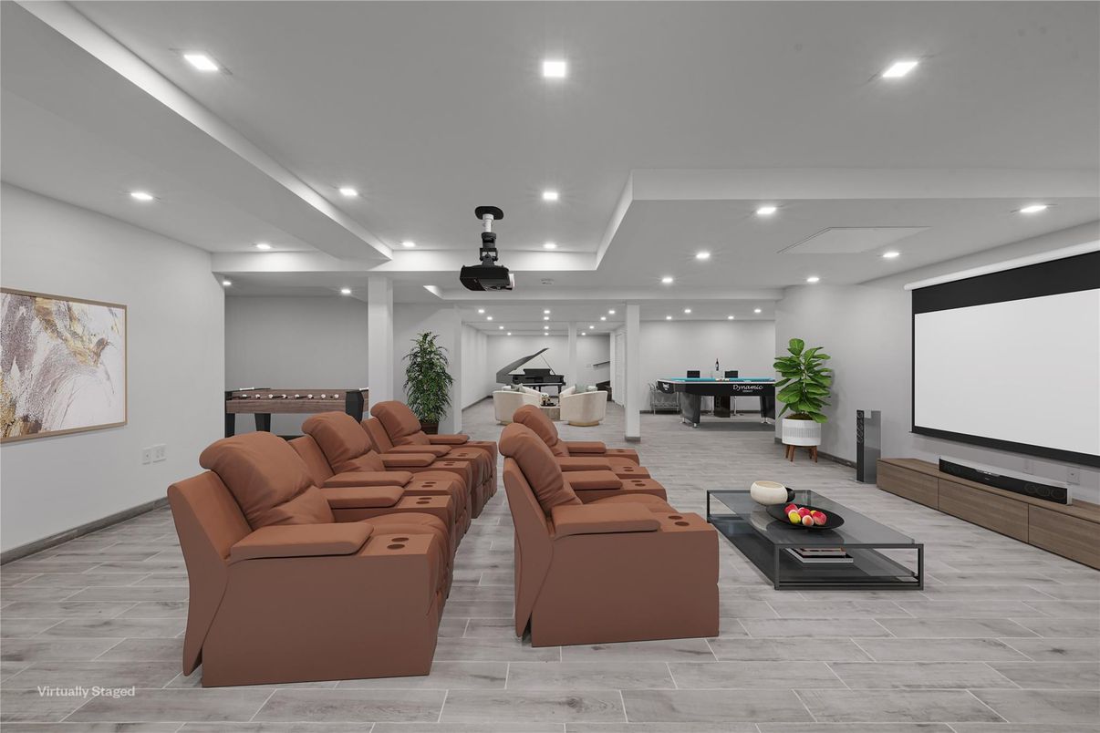 Game Room, Interior, Living room, Projection Screen, Recessed Lighting, Wood Texture Flooring
