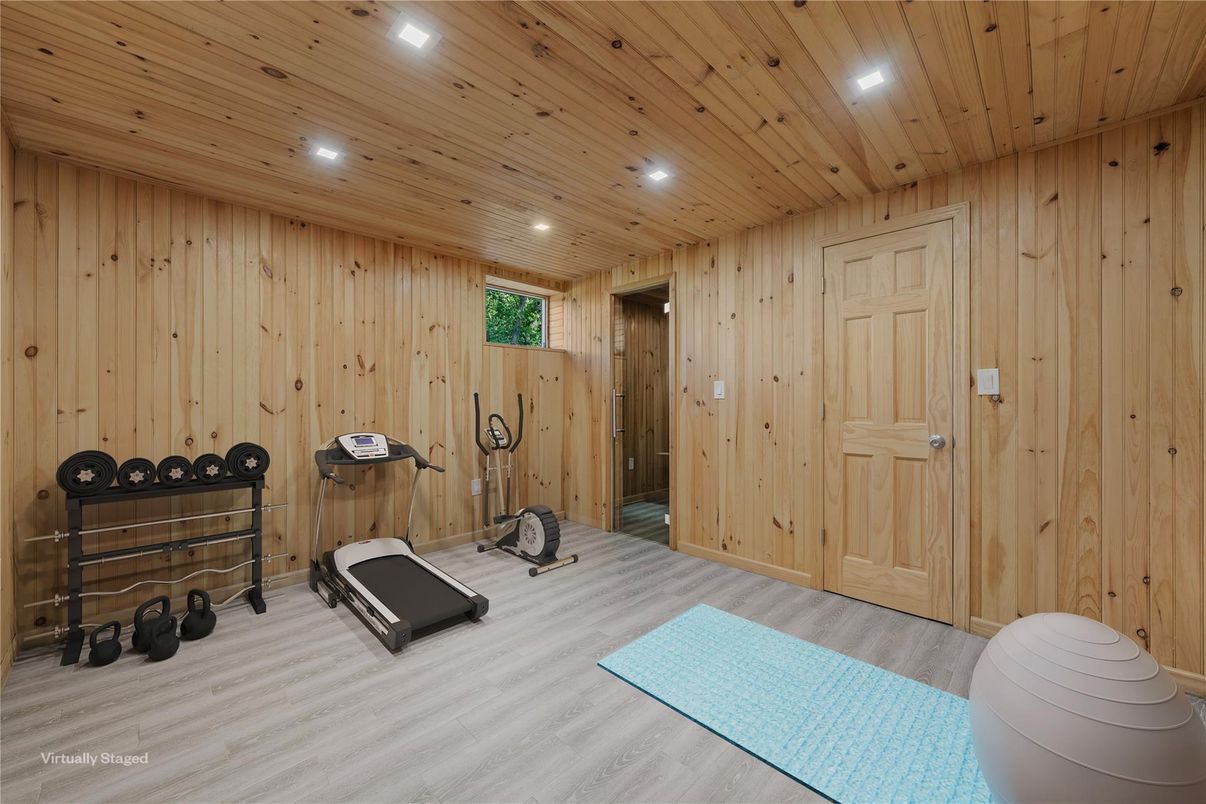 Fitness Equipment, Interior, Recessed Lighting, Wooden Ceilings, Wood Texture Flooring, Wooden Walls