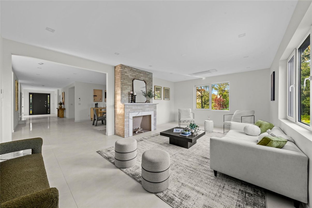 Fireplace, Interior, Living room, Recessed Lighting, Stone Walls