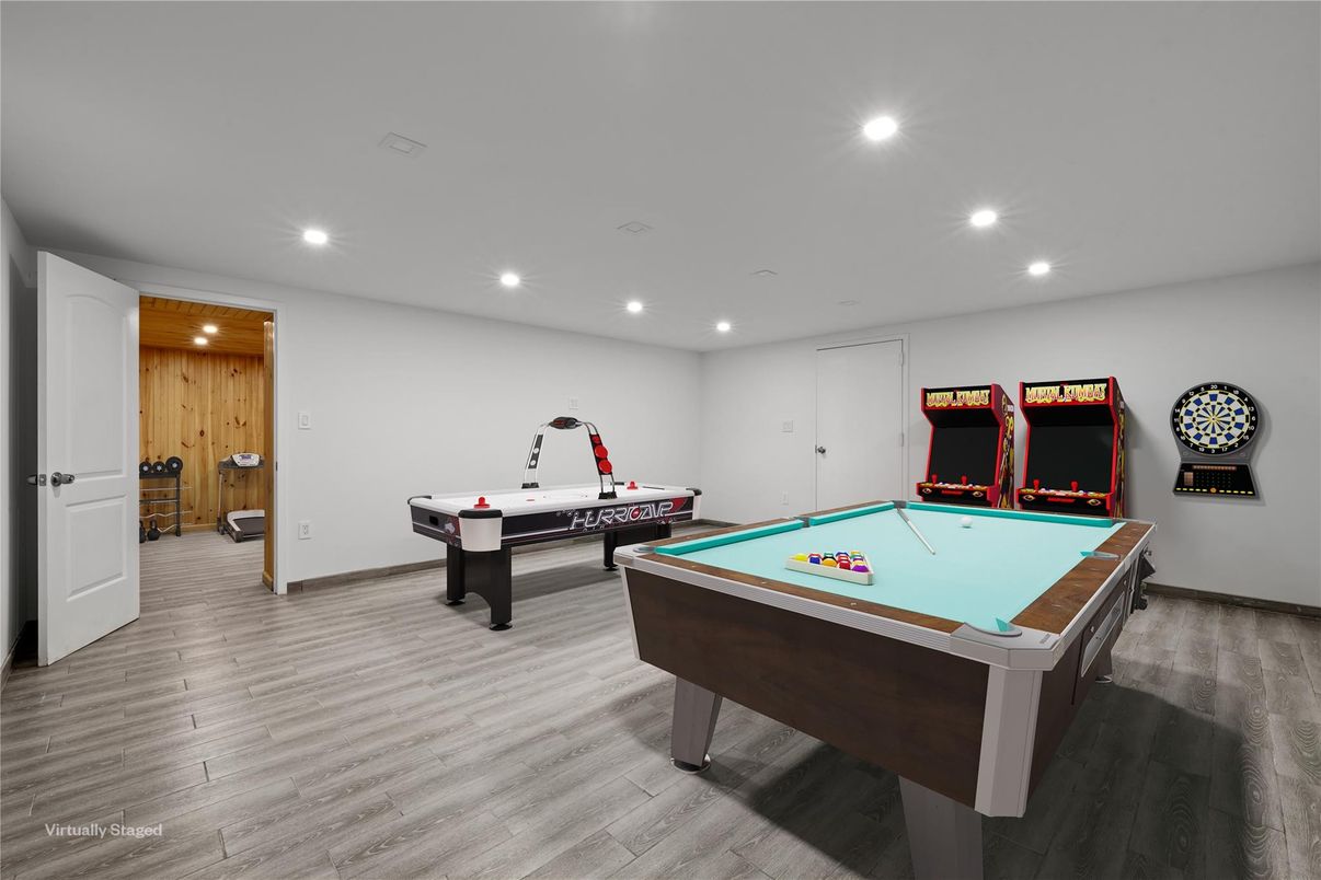 Billiard Table, Game Room, Interior, Recessed Lighting, Wood Texture Flooring, Wooden Walls