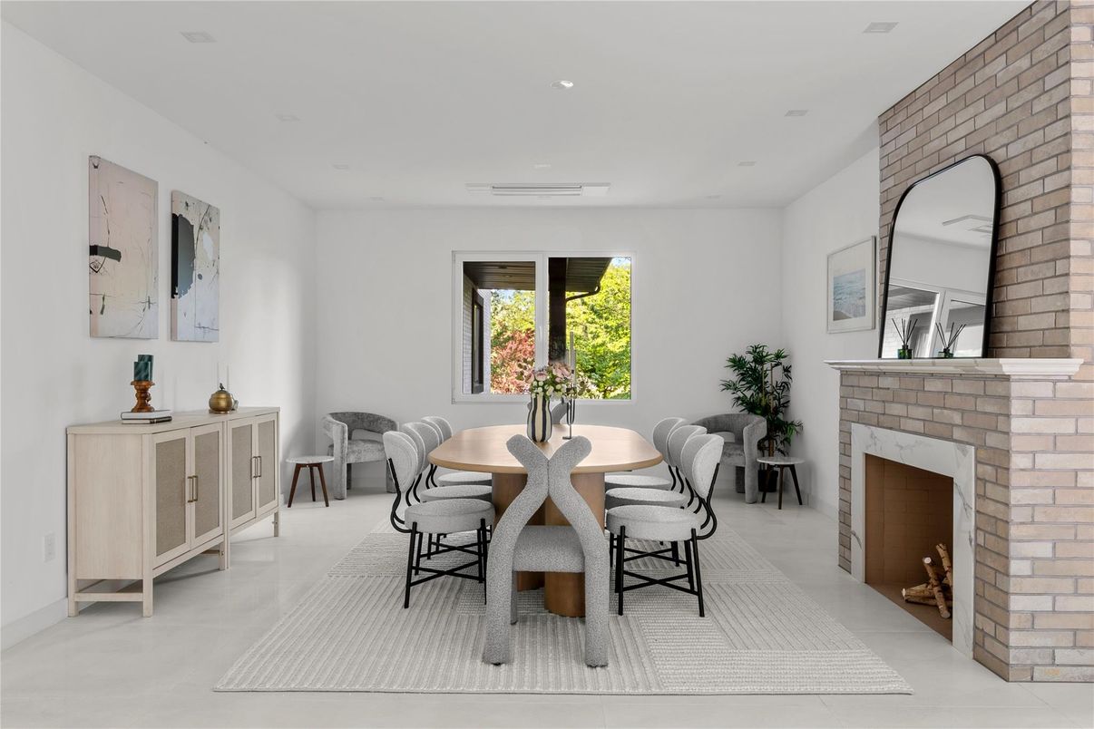 Dining room, Fireplace, Interior, Recessed Lighting, Stone Walls