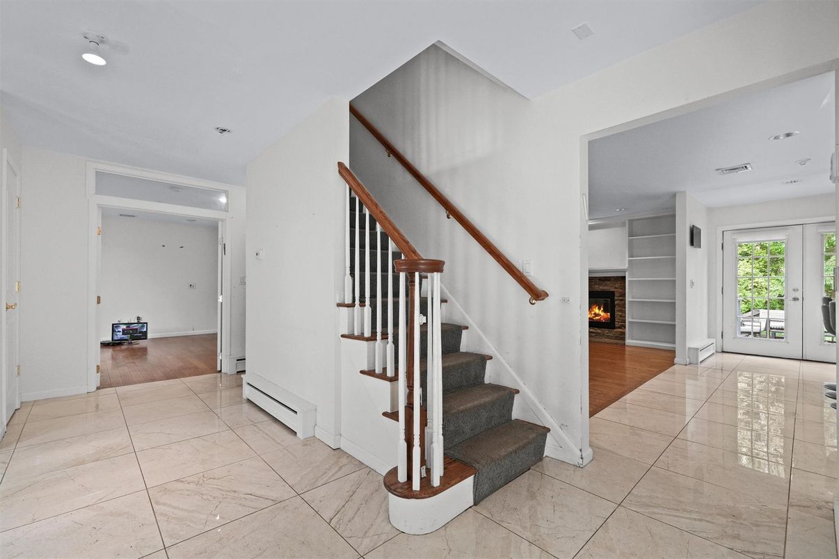 Fireplace, Interior, Marble, Recessed Lighting, Wood Texture Flooring