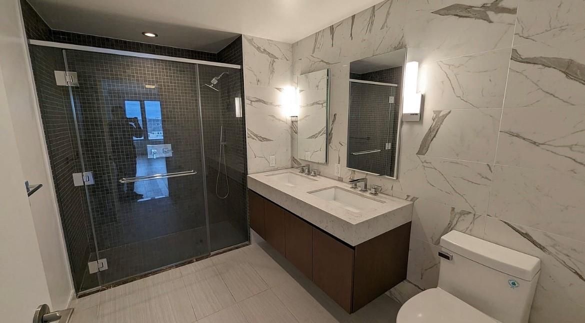 Bathroom, Glass Shower, Interior, Marble Walls, Recessed Lighting