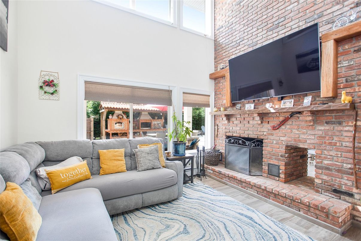 Fireplace, Interior, Living room, Stone Walls, Wood Texture Flooring