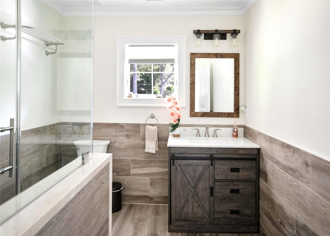 Bathroom, Glass Shower, Interior, Wood Texture Flooring