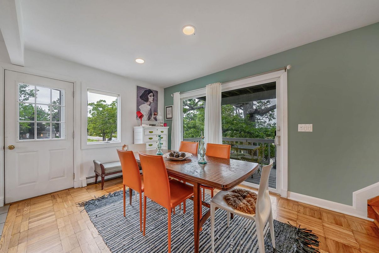 Dining room, Interior, Recessed Lighting, Wood Texture Flooring