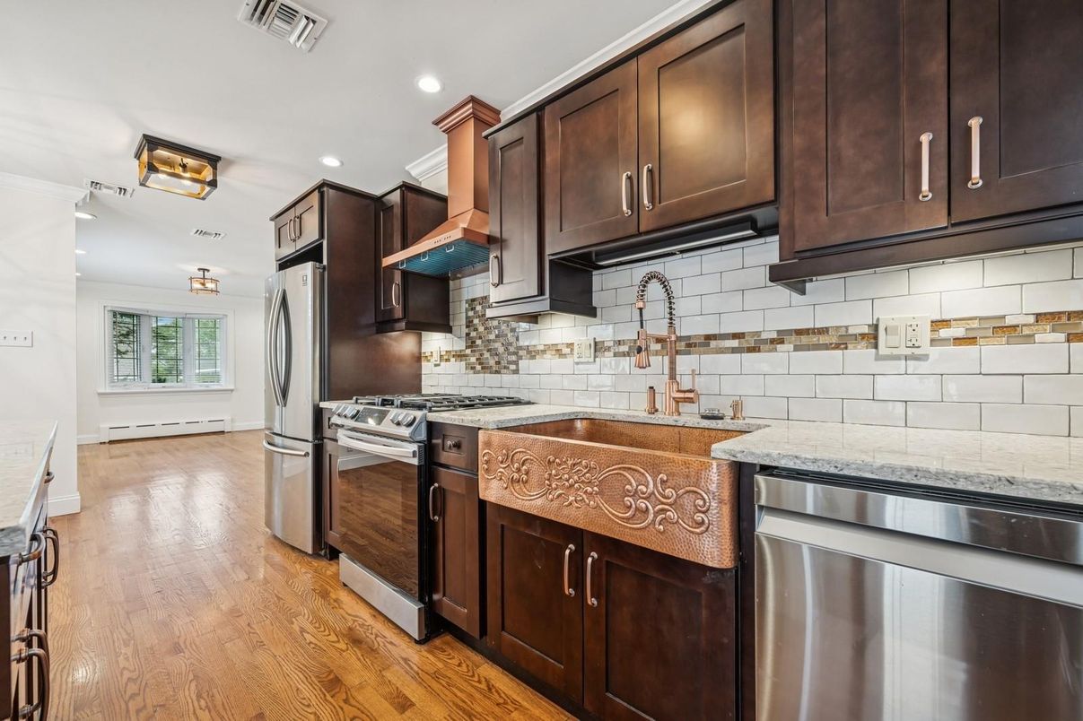 Interior, Kitchen, Recessed Lighting, Stainless Steel Appliances, Wood Texture Flooring