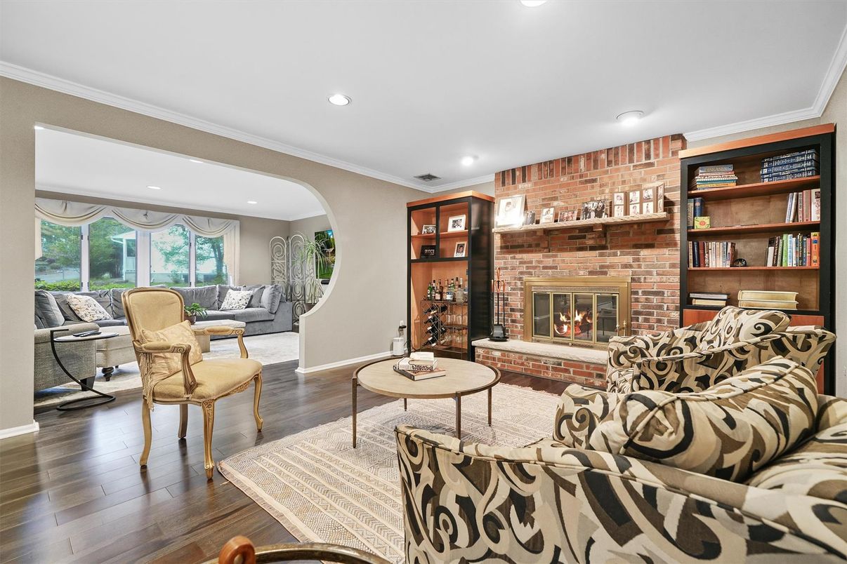 Fireplace, Interior, Living room, Recessed Lighting, Stone Walls, Wood Texture Flooring