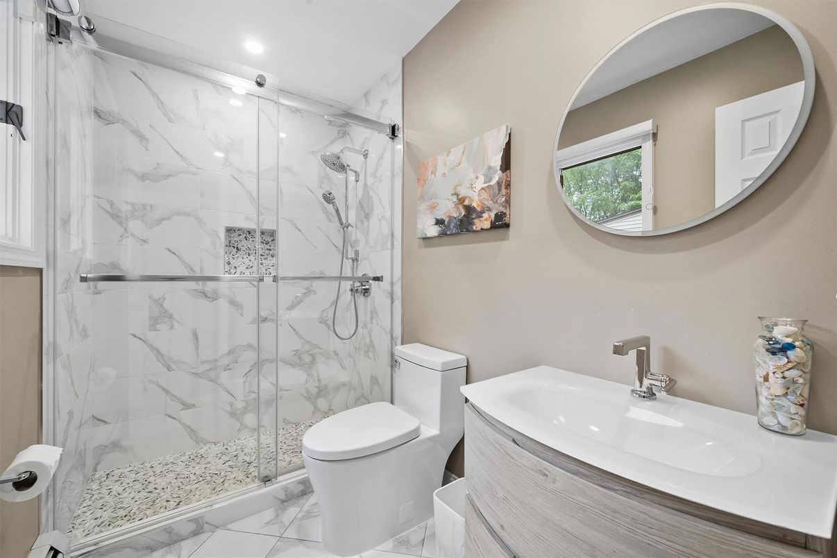Bathroom, Glass Shower, Interior, Marble, Marble Walls, Recessed Lighting