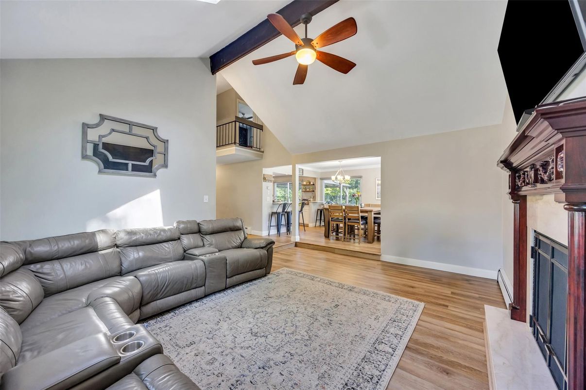 Dining room, Fireplace, Interior, Living room, Wood Texture Flooring