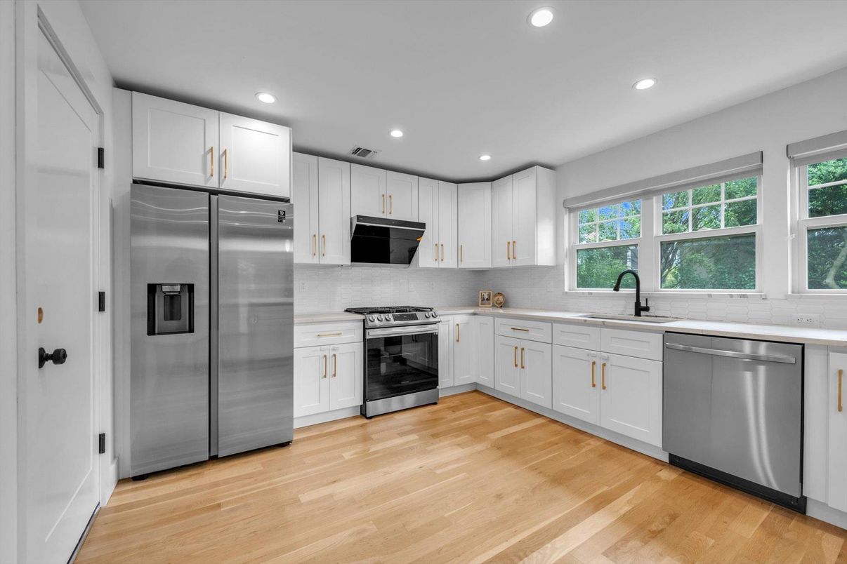 Interior, Kitchen, Recessed Lighting, Stainless Steel Appliances, Wood Texture Flooring