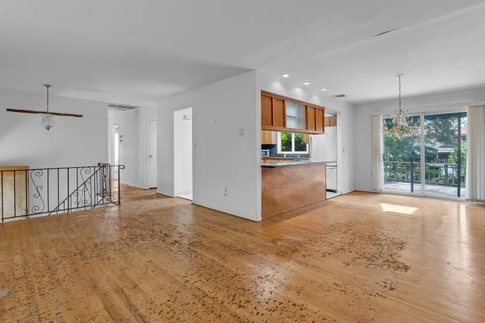 Chandelier, Empty room, Interior, Kitchen, Recessed Lighting, Wood Texture Flooring