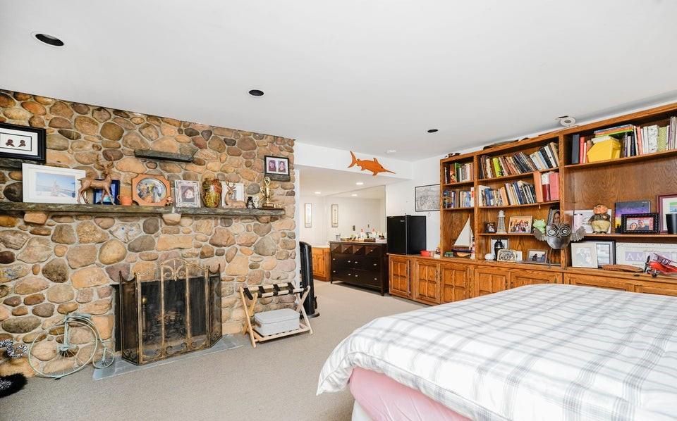 Bedroom, Fireplace, Interior, Recessed Lighting, Stone Walls