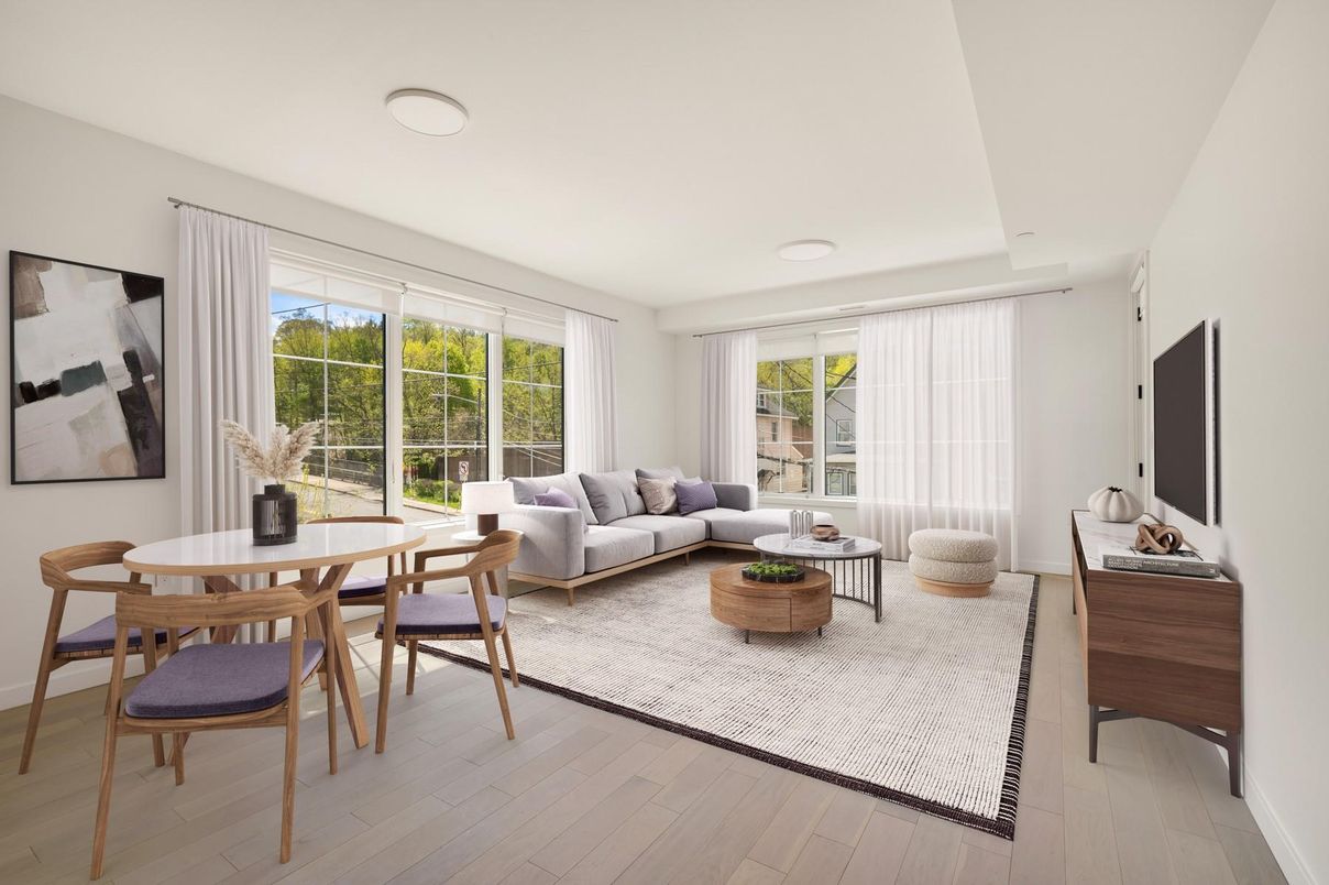Dining room, Interior, Living room, Recessed Lighting, Wood Texture Flooring