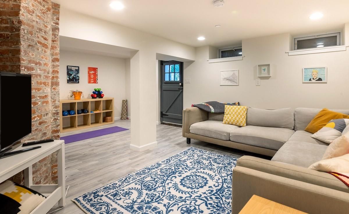 Interior, Living room, Recessed Lighting, Stone Walls, Wood Texture Flooring