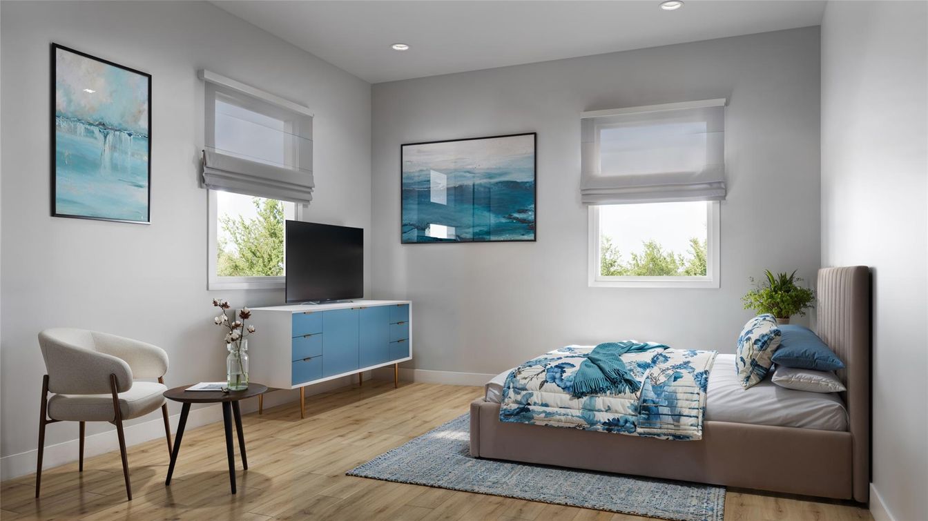 Bedroom, Interior, Recessed Lighting, Wood Texture Flooring