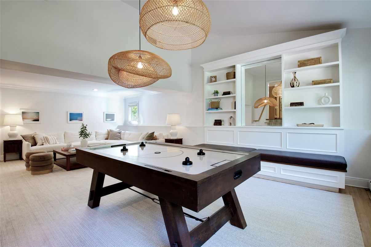 Billiard Table, Game Room, Interior, Living room, Pendant Lights, Wood Texture Flooring