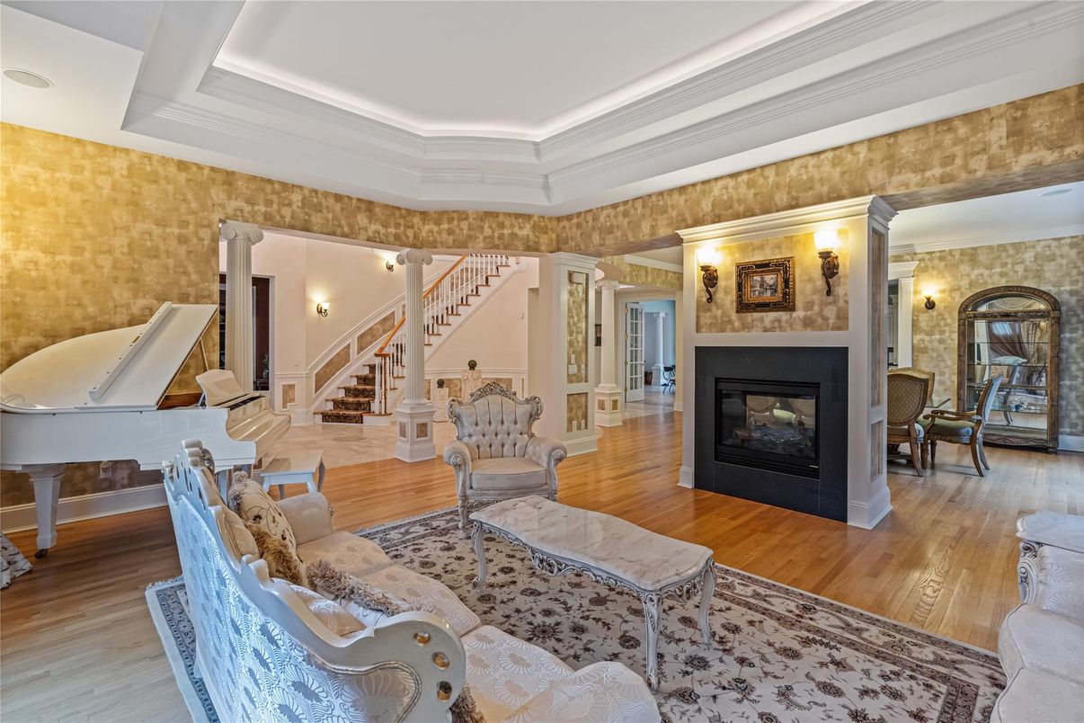 Fireplace, Interior, Living room, Piano, Wood Texture Flooring