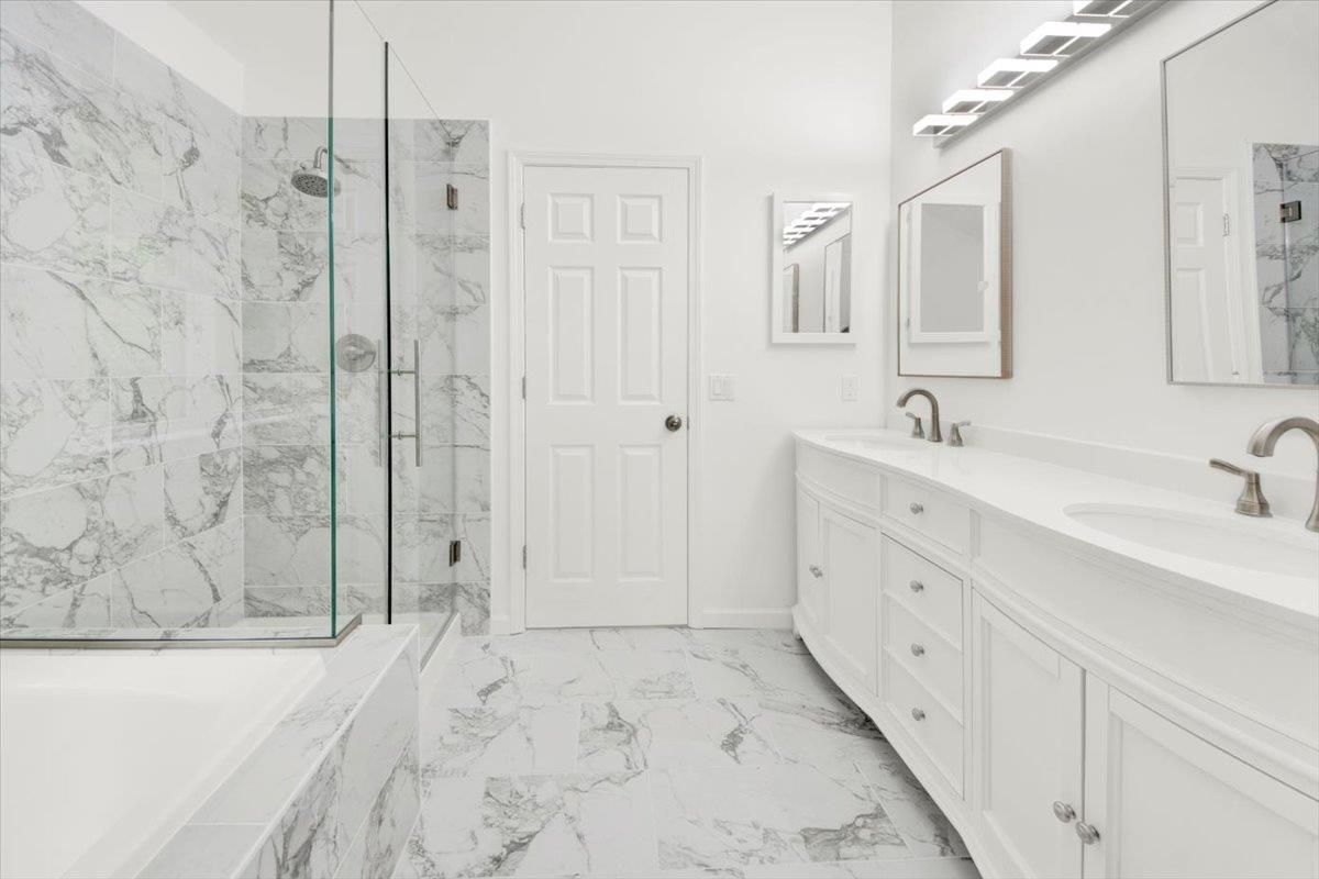 Bathroom, Dual Sink Vanities, Glass Shower, Interior, Marble, Marble Walls