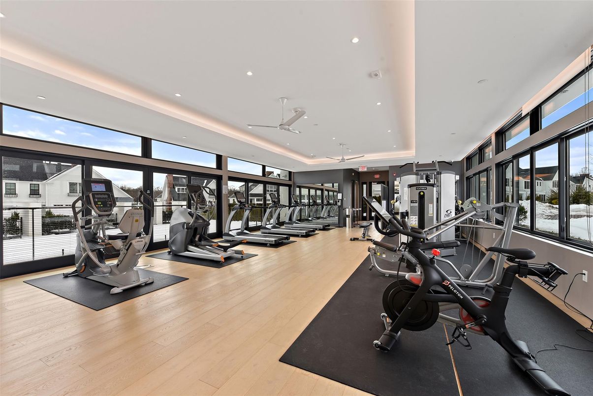 Fitness Equipment, Gym, Interior, Recessed Lighting, Wood Texture Flooring