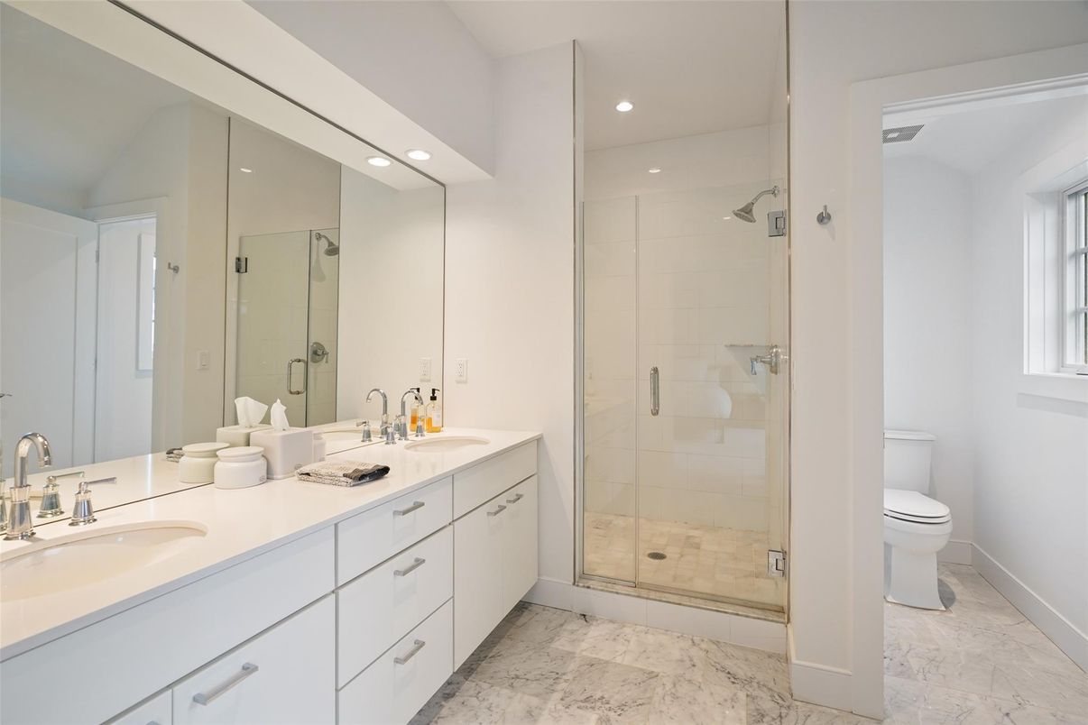 Bathroom, Dual Sink Vanities, Glass Shower, Interior, Marble, Recessed Lighting