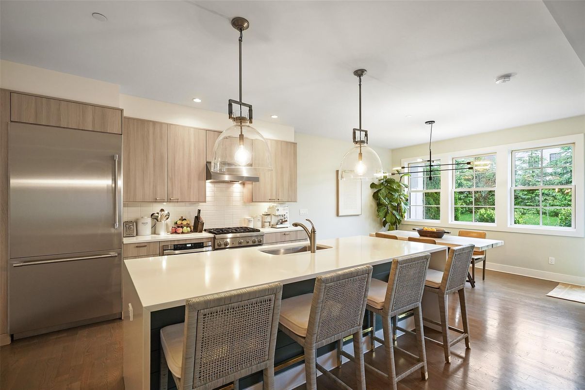 Interior, Kitchen, Pendant Lights, Recessed Lighting, Stainless Steel Appliances, Wood Texture Flooring