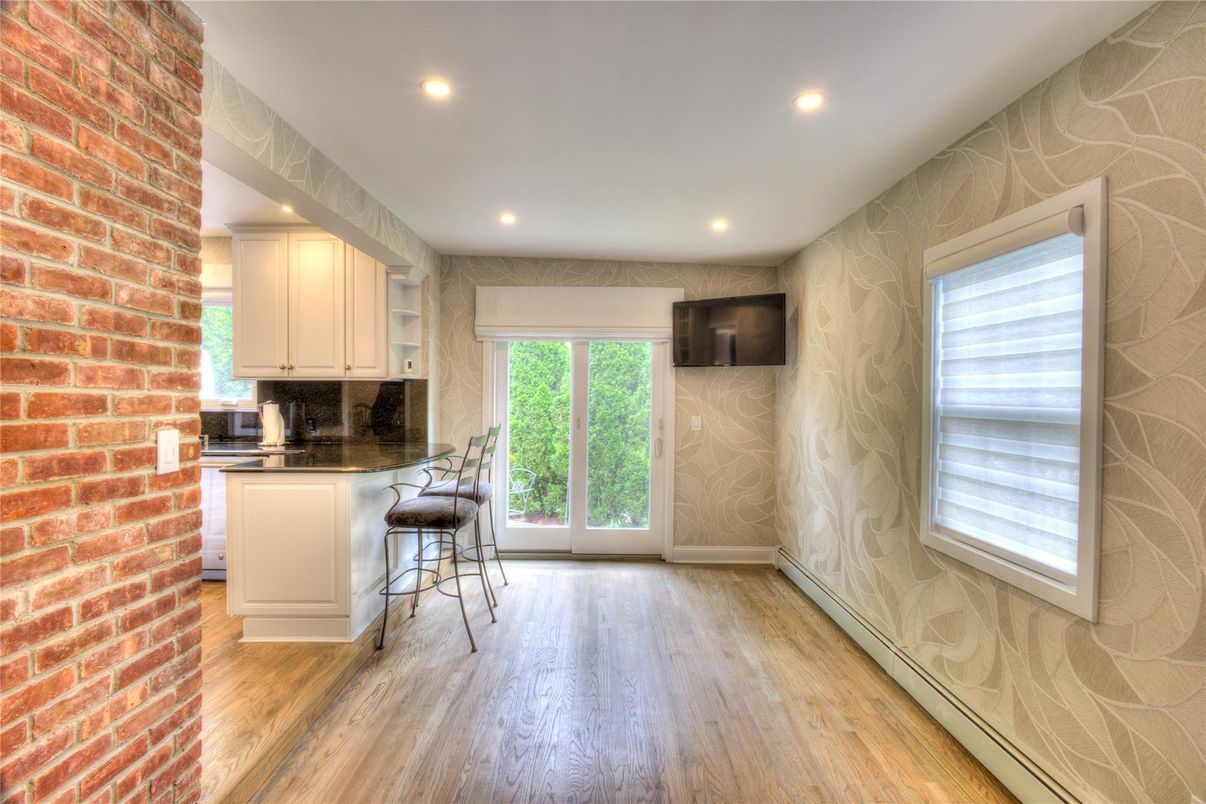 Interior, Kitchen, Recessed Lighting, Stone Walls, Wood Texture Flooring