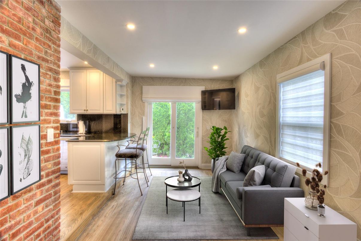 Interior, Kitchen, Living room, Recessed Lighting, Stone Walls, Wood Texture Flooring